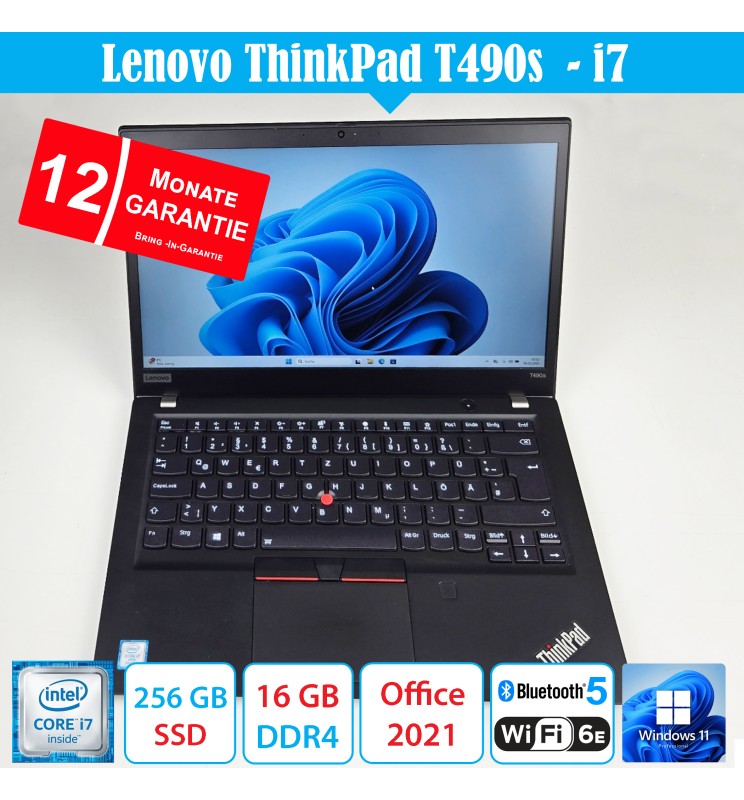Lenovo ThinkPad T490s Laptop i7-8665U 16GB RAM 256GB SSD 14" Full HD Windows 11 Refurbished